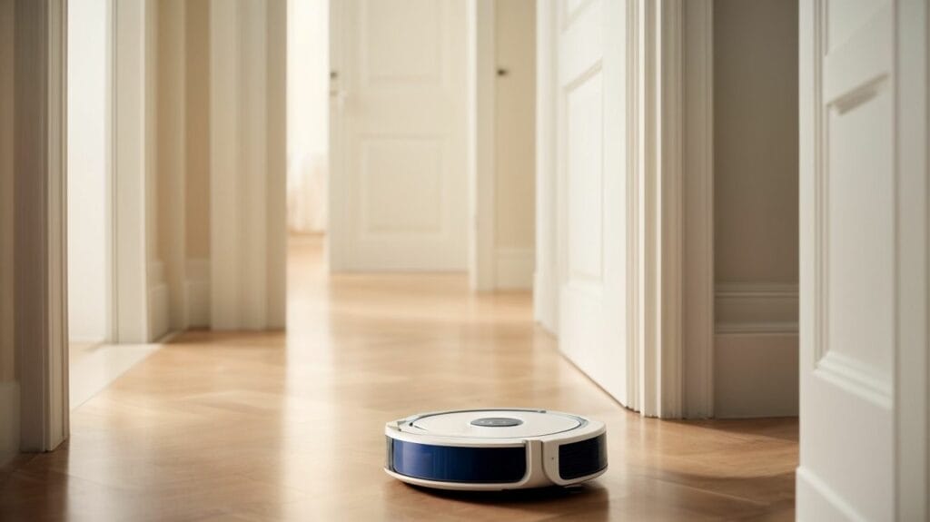 A Worth It robot vacuum is sitting on the floor of a room.