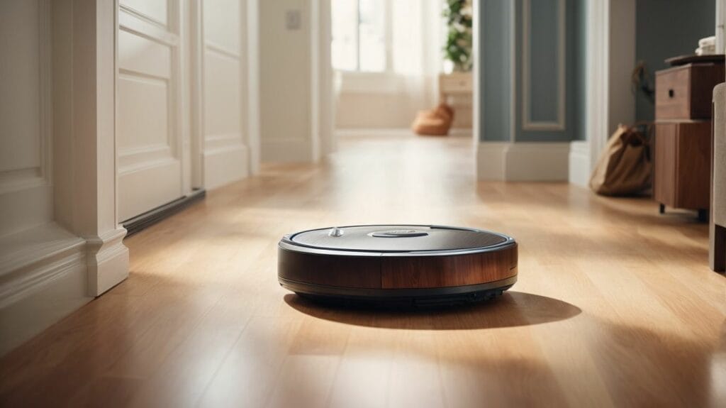 A robot vacuum cleaner expertly works on a wooden floor.