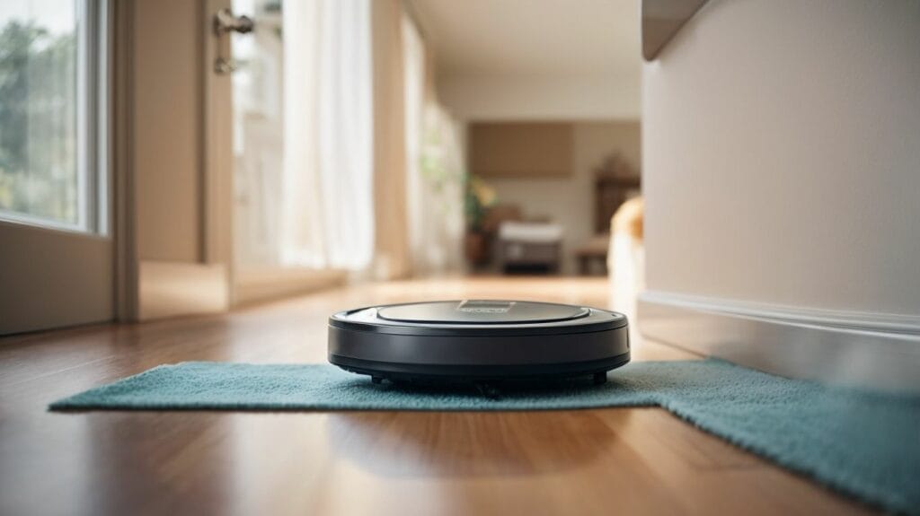 A robotic vacuum cleaner, specially designed to work autonomously, sits on a rug in a living room.