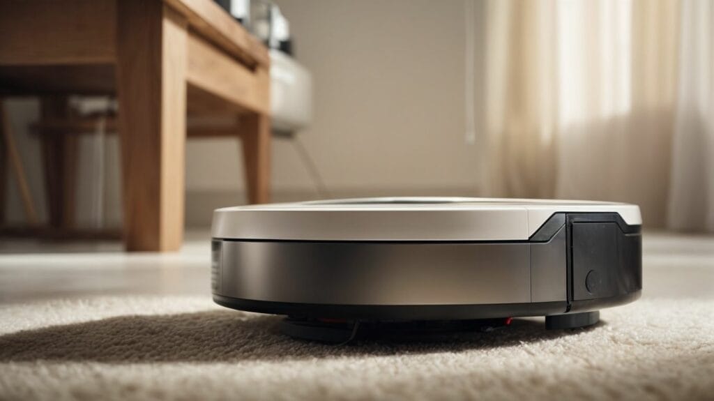 An empty living room carpet is being autonomously cleaned by a robot vacuum.