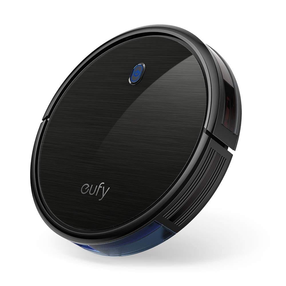 A black Eufy Boost RoboVac 11S robot vacuum cleaner on a white background.