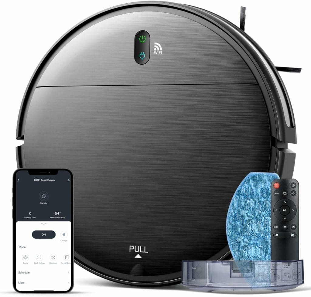 A MAMNV robot vacuum cleaner with a remote control.