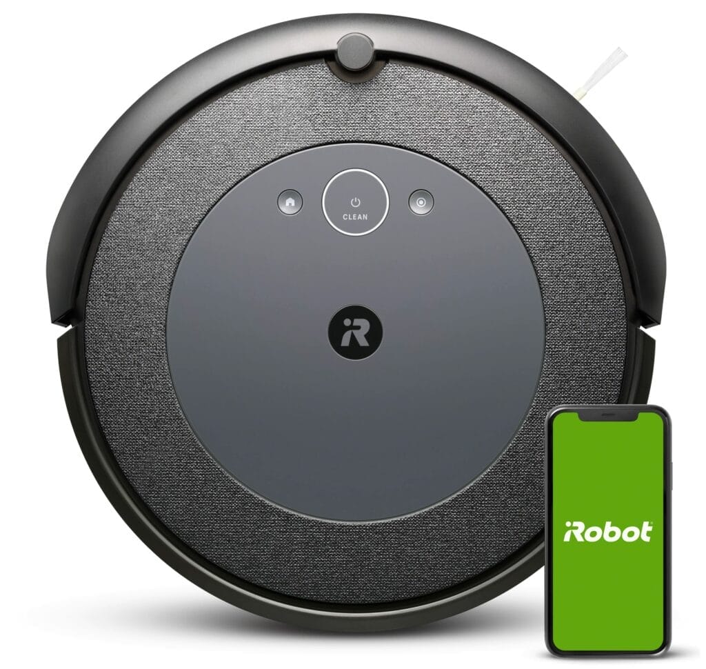 An EVO Wi-Fi Connected robot vacuum next to a smart phone.